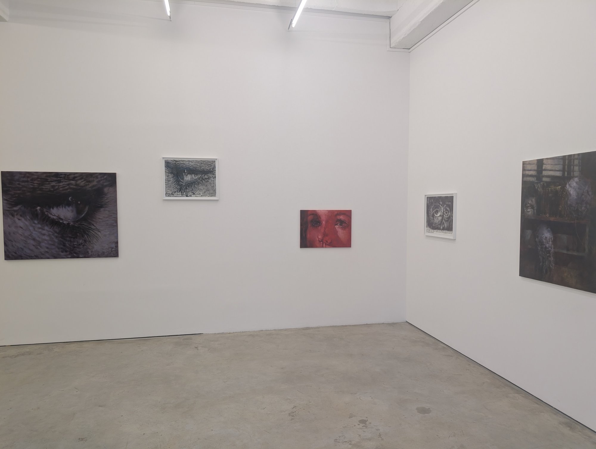 Paweł Książek, „Rhizome“, Ausstellungsansicht bei Persons Projects mit dem Augenmotiv als Gemälde, Zeichnung und Gesichtsfragment